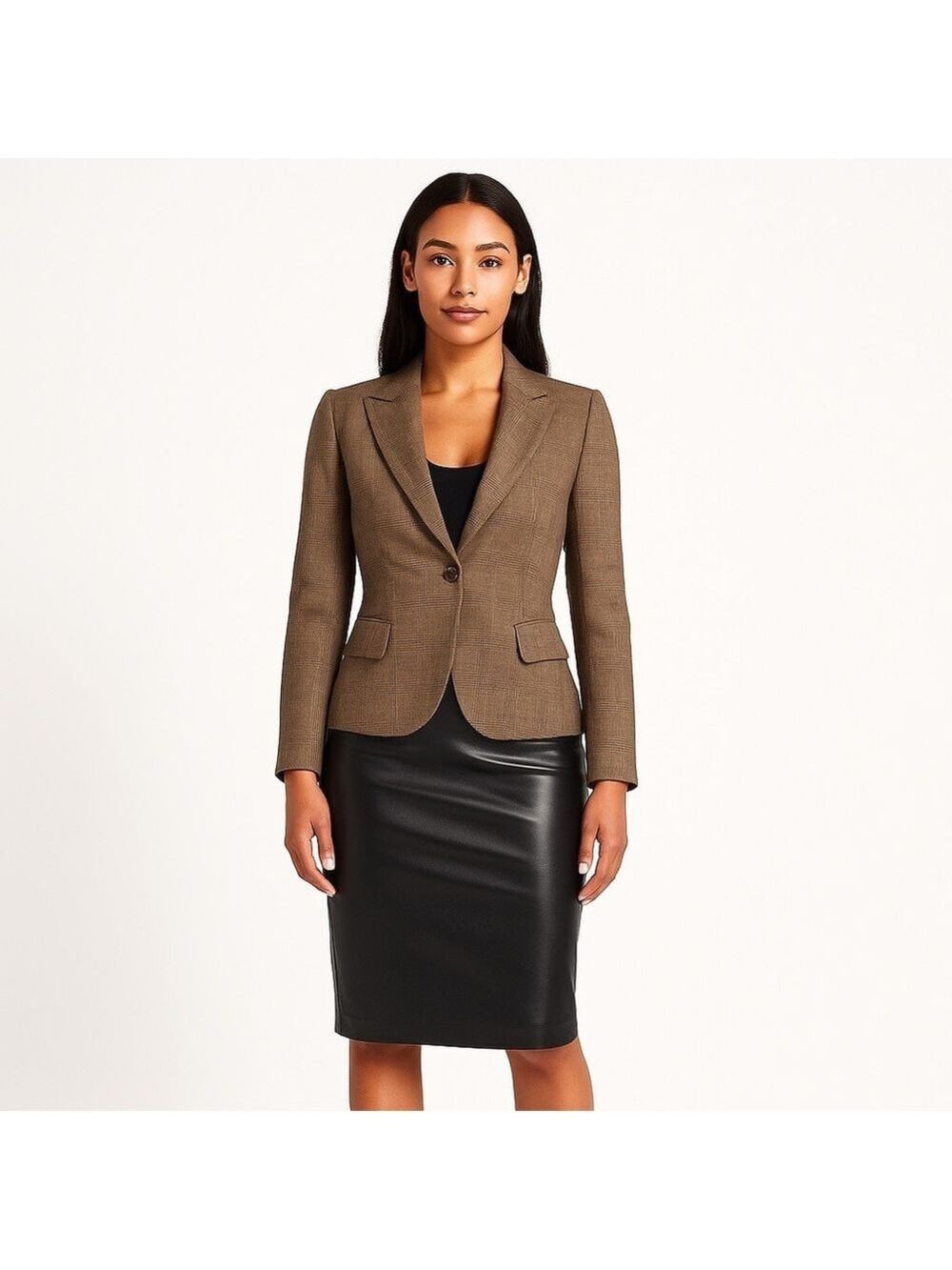 Elie Tahari wool blend tailored blazer brown shepherd’s check neutral tones 10